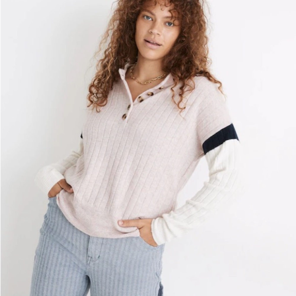 Madewell 
Striped Bowden Henley Sweater in Coziest Yarn EUC